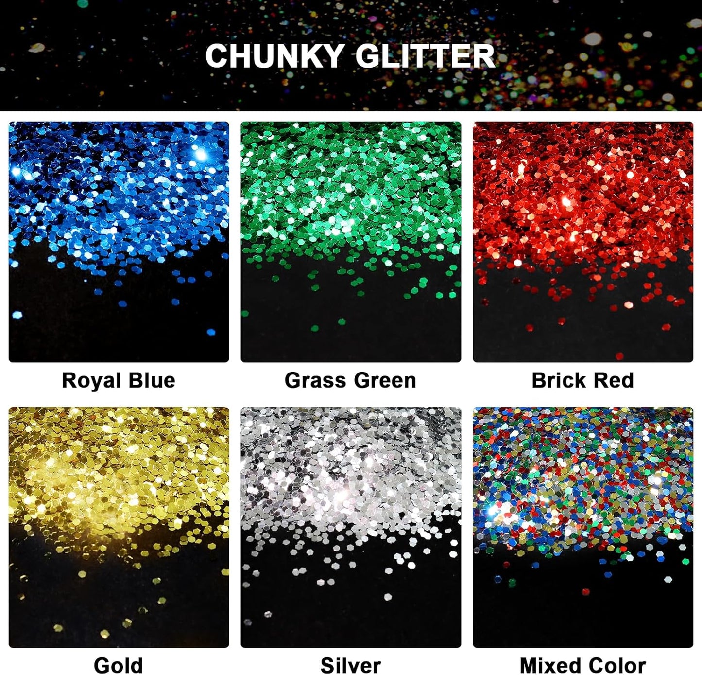 Ceya Bulk Chunky Glitter 6 Assorted Colors, 4.23OZ Each Jar Crafts Christmas Glitter, 1/24” Medium Size Nail Sequins for School Classroom Art,DIY Craft Slime Poster Card,Red,Blue,Silver,Gold,Green,Mix