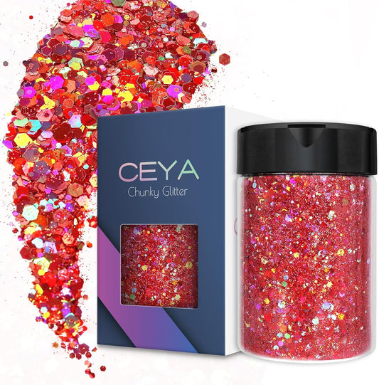 Ceya Holographic Chunky Glitter 4.9oz/ 140g Rose Pink Craft Glitter Powder Mixed Chunky Fine Flakes Iridescent Nail Sequins Fe for Nail Art, Hair, Epoxy Resin, Tumblers, Slime, Painting,Festival Decor