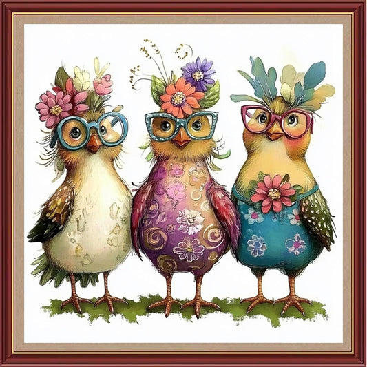 DMCXART Counted Cross Stitch Kits for Adults Needlepoint Kits Unprinted Cross Stitching Embroidery Kit 11CT Cross Stitch Supplies-Three Floral Chicks 18x18 inch