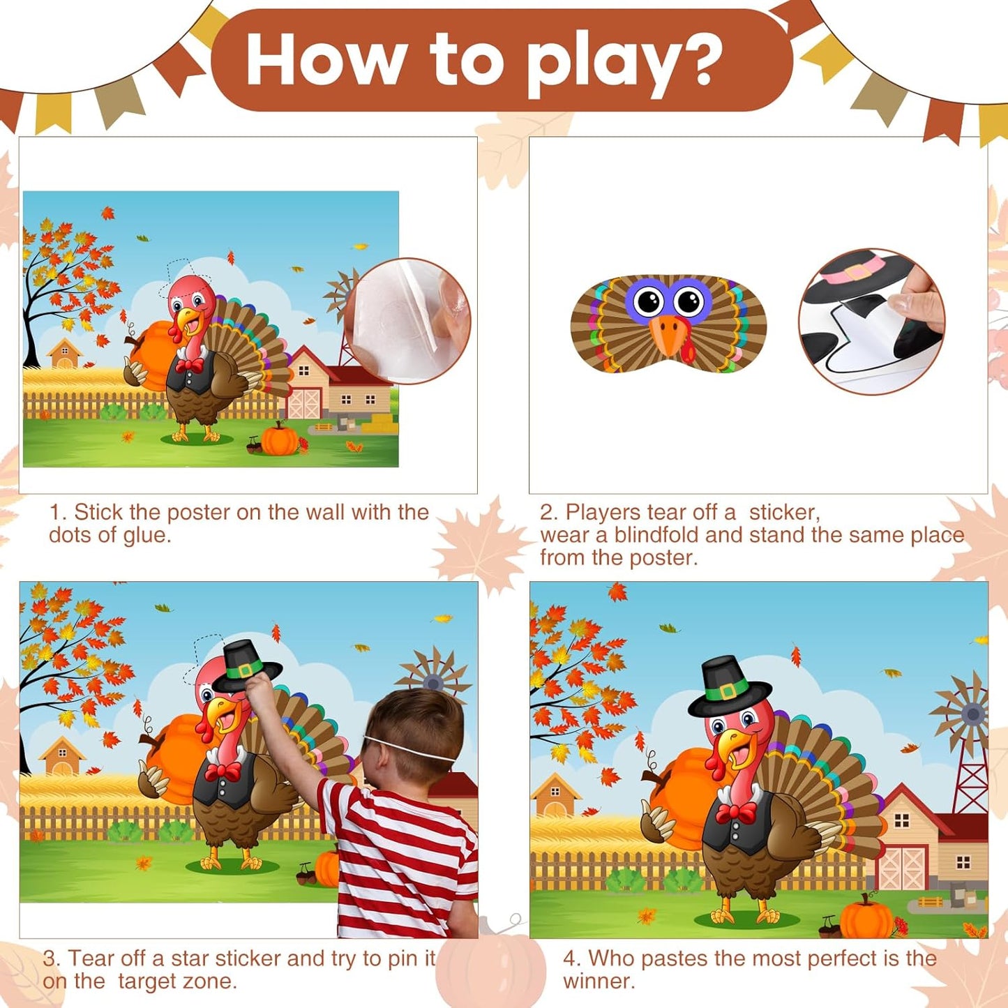 ASTARON Pin The Hat on Turkey Thanksgiving Pin The Tail Party Games Activities for Kids 36 Stickers Fall Festival Kids Birthday Family Party Games