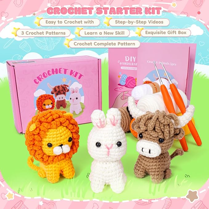 Fortuning's JDS Crochet Kit for Beginners, Amigurumi Crochet Animal Kits, Crocheting Kit for Starters Adult Kids with Step-by-Step Video Tutorials, Animal Kits with Highland Cow, Lion, Bunny