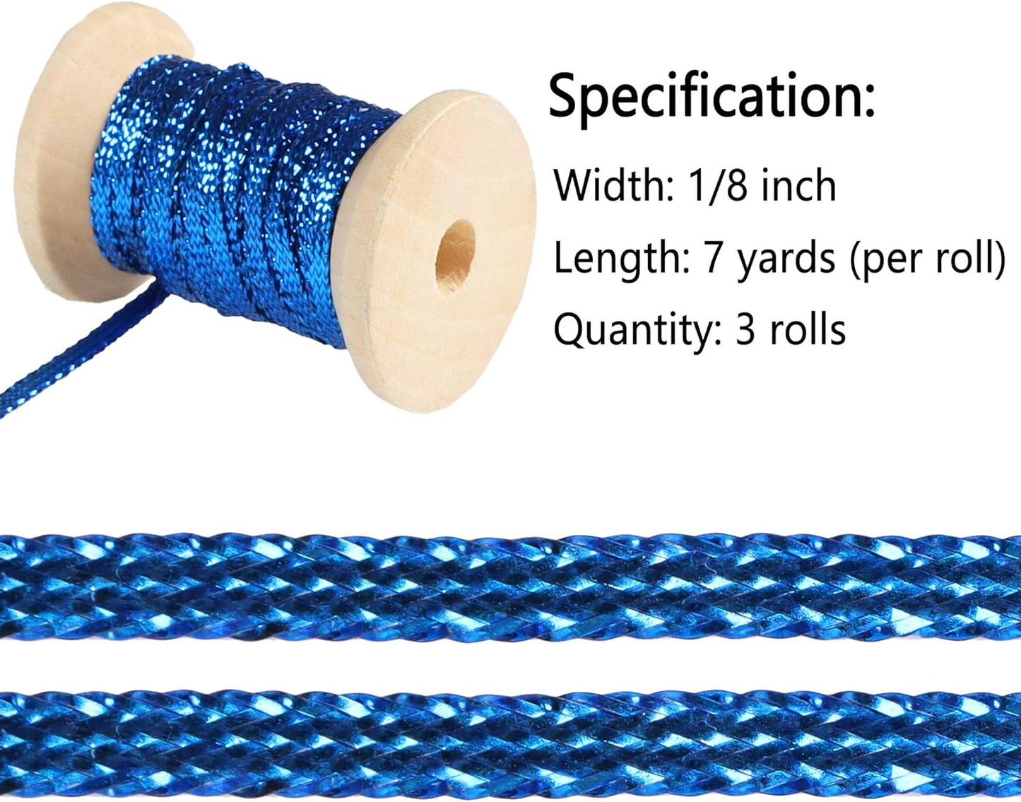 Royal Blue Gold Thin Ribbon 1/8 inch Metallic Braided Double Faced Ribbons Curling Ribbons For Balloon String Crafts Gift Wrapping Party Wedding Christmas Ornaments Decoration 7 Yard x 3 Rolls