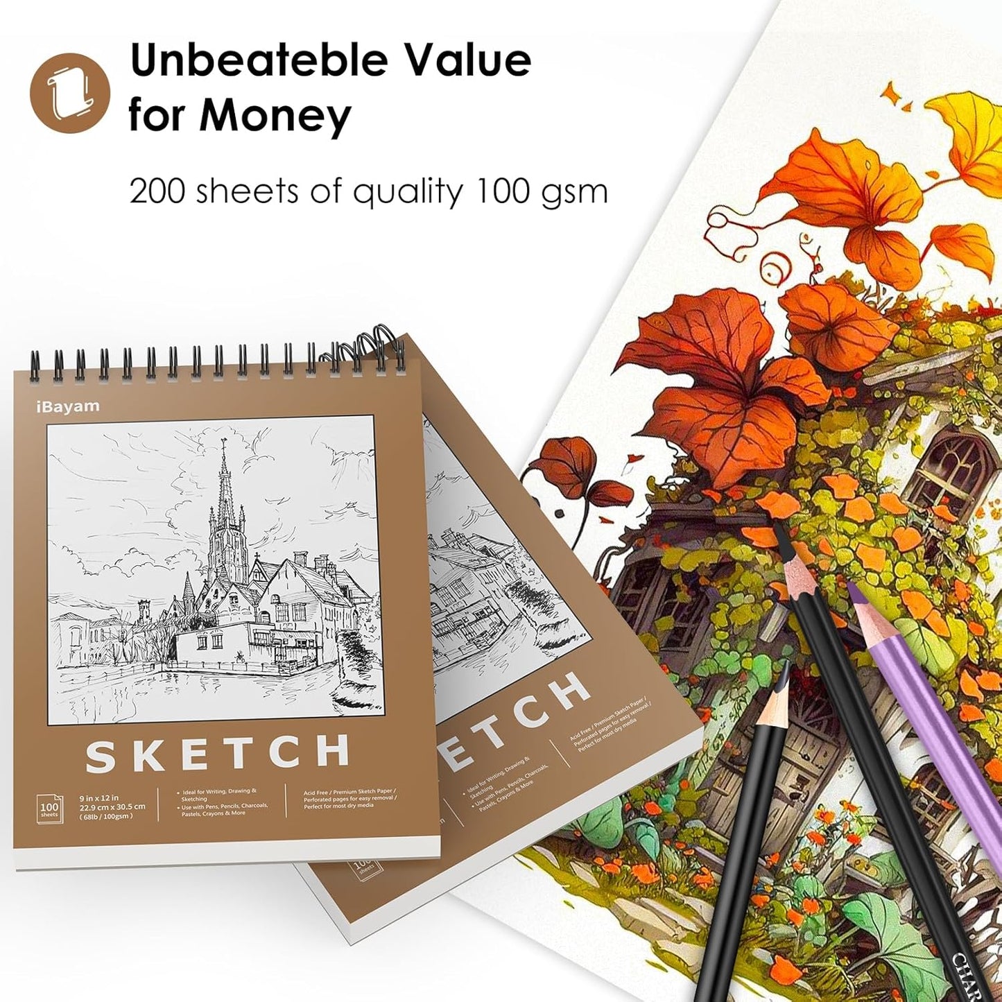 iBayam 9" x 12" Sketch Book Set, 2-Pack Spiral Bound Drawing Paper, 200 Sheets (68lb/100gsm) Premium Sketchbook, Acid-Free Art Drawing Painting Sketching Pad Supplies for Kids, Teens, Adults, Artists