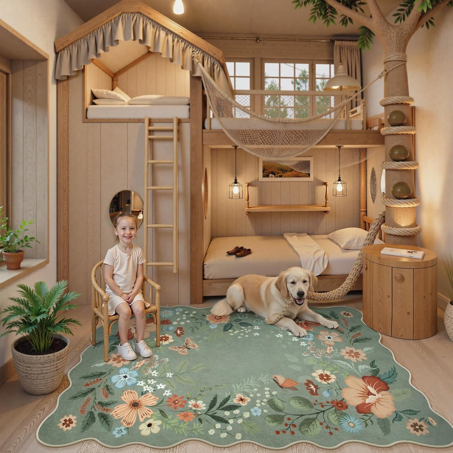 Beeiva Washable Rug 6x9 - Scalloped Floral Printed Soft Non Slip Kids Rugs for Bedroom Ultra-Thin Low Pile Boho Green Area Rug Aesthetic Throw Carpet for Living Room Playroom Dorm Office(Green,6x9ft)