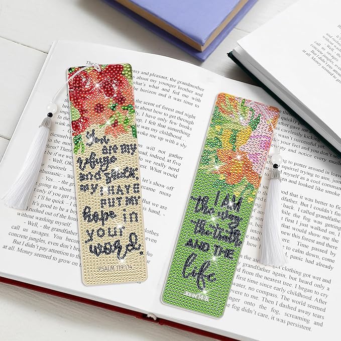 8 Pieces Christian Bible Verse Diamond Art Bookmarks 5d Christian Beaded Bookmark Acrylic Tassel Bookmark for DIY Making Beginners Kids Adults Arts Craft Supplies (Floral Christian)