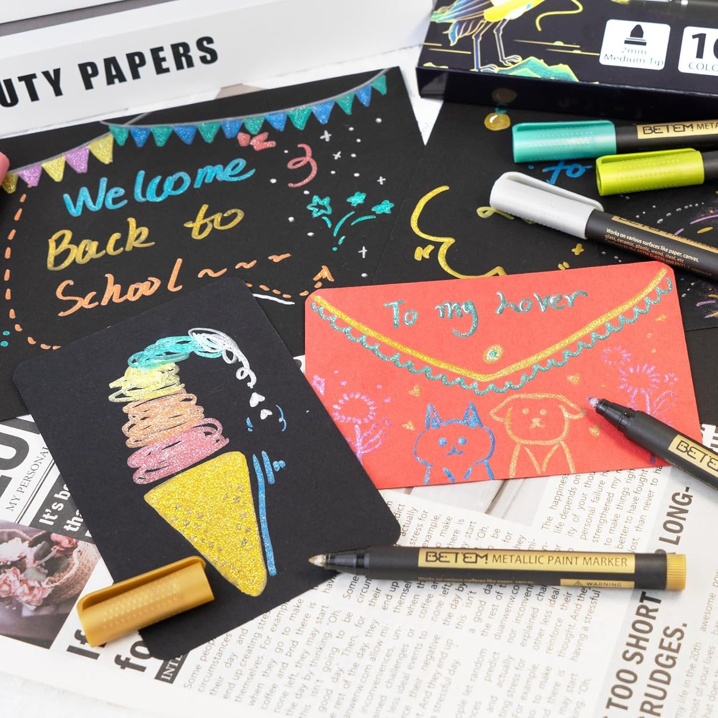 Betem Metallic Paint Markers, 10 Colors Acrylic Paint Markers for Black Paper, 2mm Medium Tips Metallic Glitter Pens Scrapbooking Supplies, Pumpkin Painting Kit for Rock Painting, Cards, Photo Albums