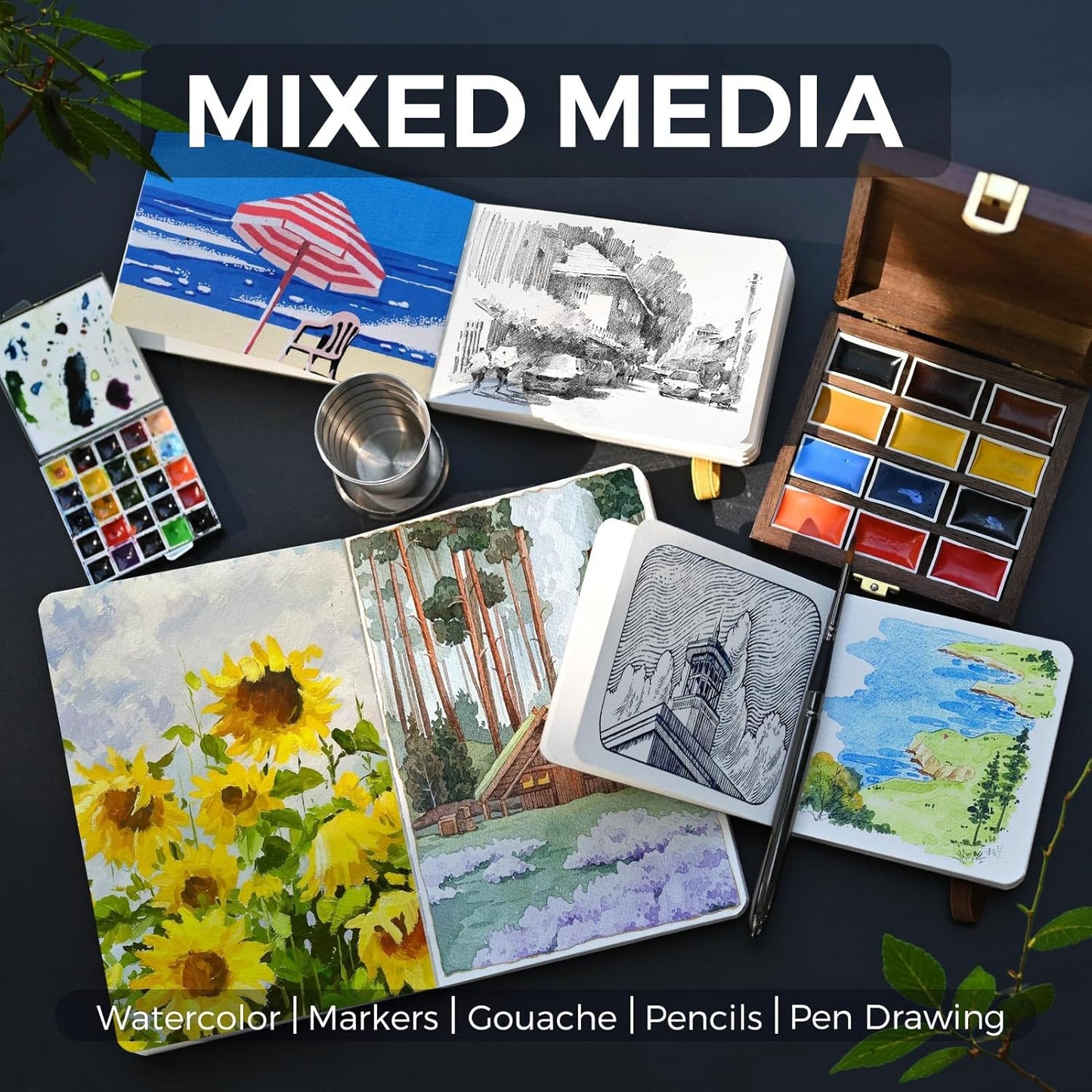 Funto Watercolor Journal 2-Pack, 3.9x3.9, 44 Pages Each,Hot-Pressed 100% Cotton, PU Leather Green Hard Cover, Art Supplies for Mixed Media