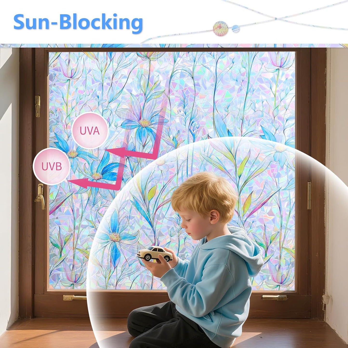 FINNEZ Window Privacy Film Stain Glass Film Flowers Rainbow Window Film Window Clings Non-Adhesive Reusable Decorative for Home（Blue Lotus，23.6 Inch x 13.1 Feet）