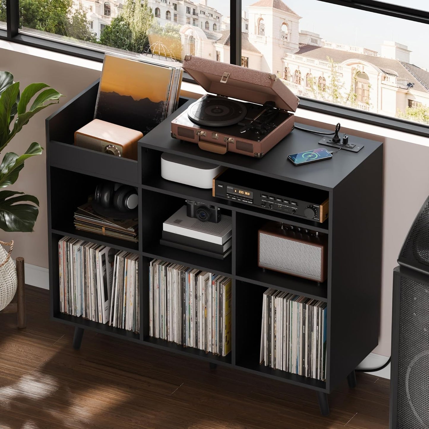 Cozy Castle Large Record Player Stand, Vinyl Storage Cabinet Mid Century Modern Turntable Stand Media Console Table Open Shelf Cube CD Album Holder Organizer for Living Room, Office, Black