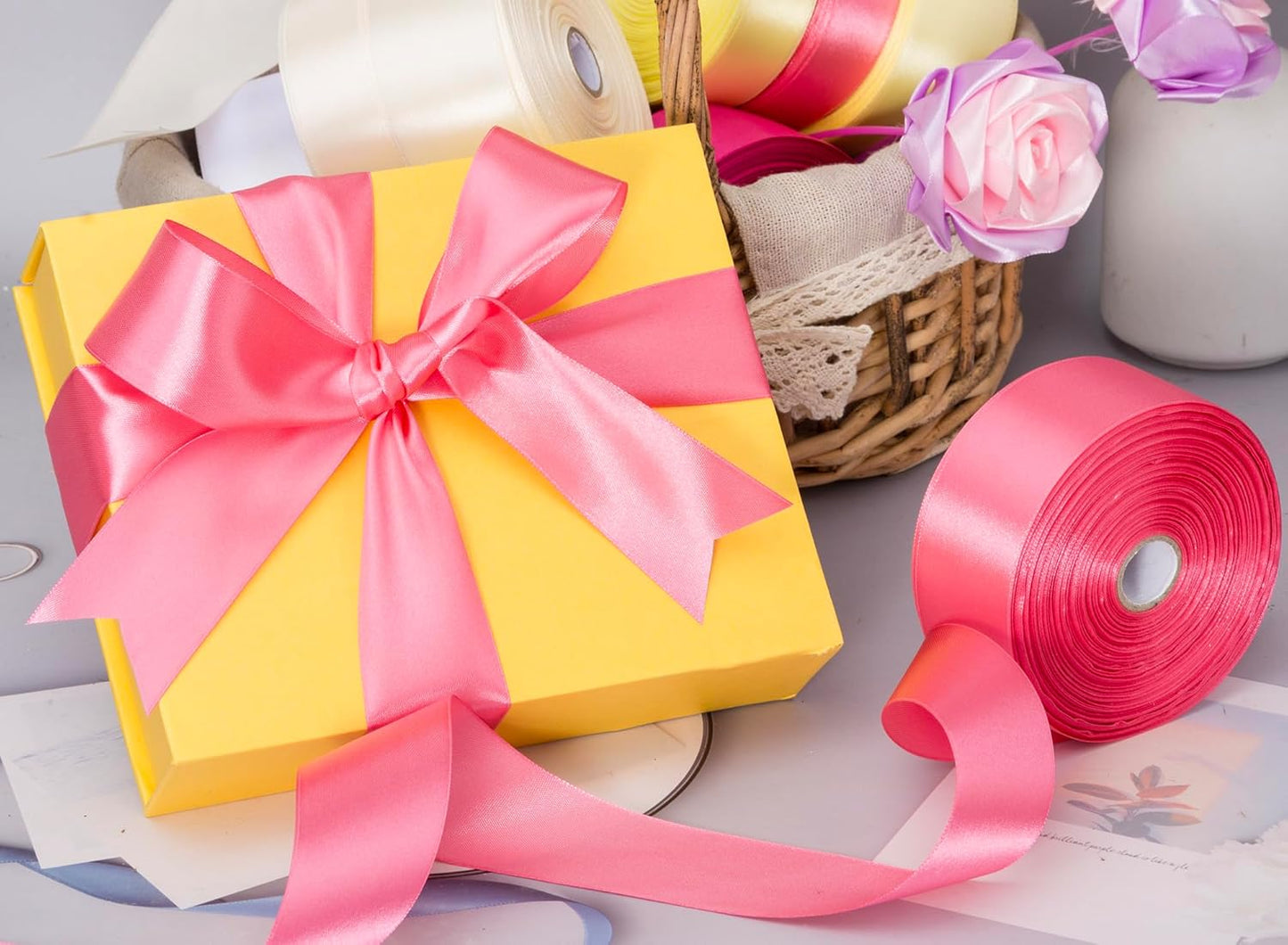 1 1/2 Inch Brink Pink Solid Satin Ribbon, 50 Yards Craft Fabric Ribbon for Gift Wrapping Floral Bouquets Wedding Party Decoration