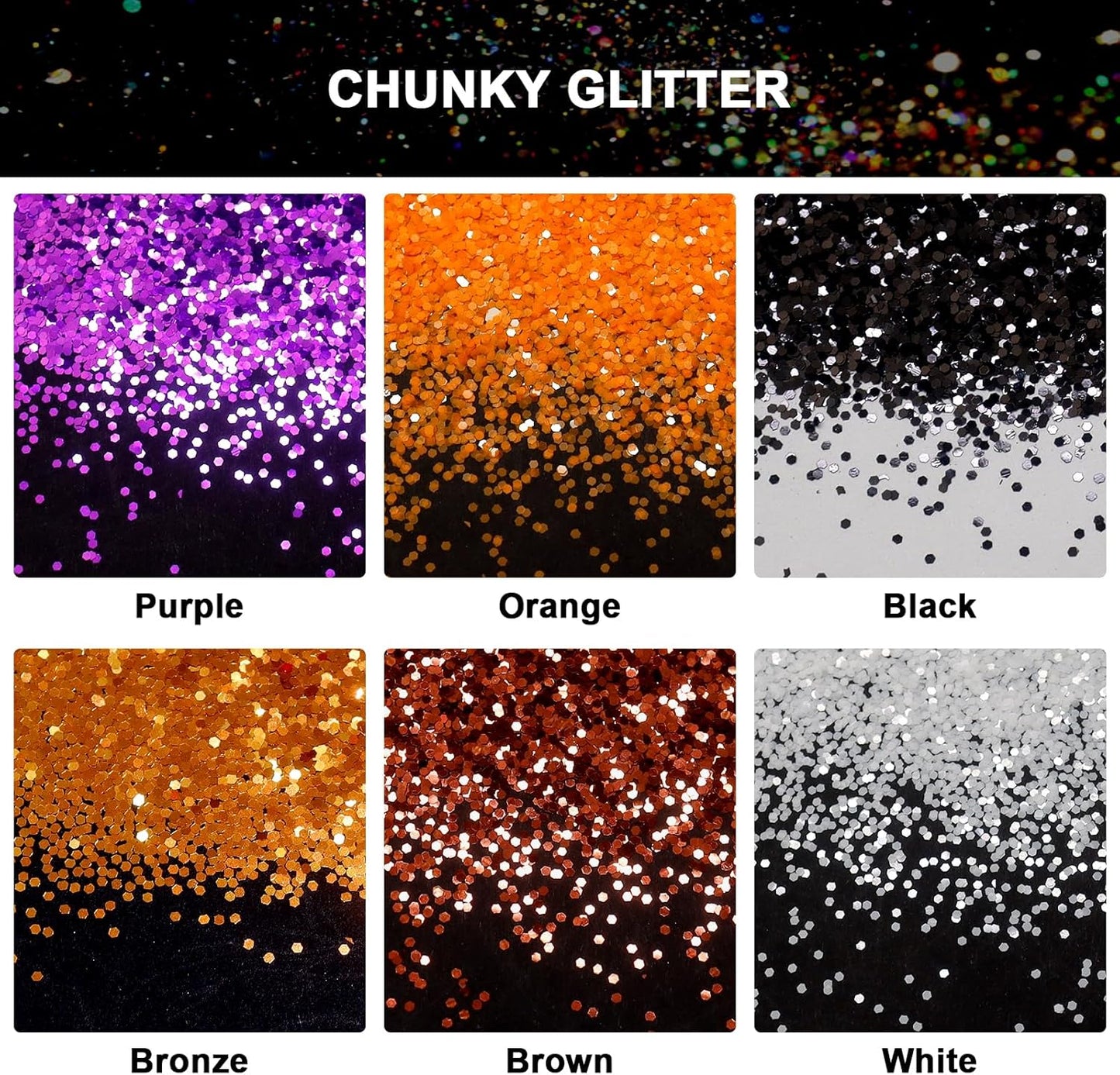 Ceya Bulk Chunky Glitter 6 Colors,4.23OZ Fall Crafts Helloween Glitter,1/24”for Pumpkin,Snowglobe Tumbler,Nail,School Classroom Art,DIY Craft Slime Poster Card,Orange,Purple,Black,White,Bronze,Brown