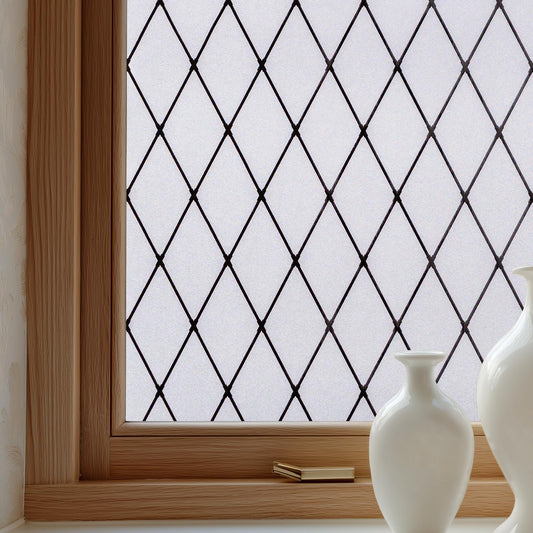 Window Privacy Film Decorative for Front Door, Bathroom Static Cling Stained Glass Sticker Opaque Heat Control UV Blocking Non-Adhesive for Home,Black Grid 17.5 x 78.7 inches