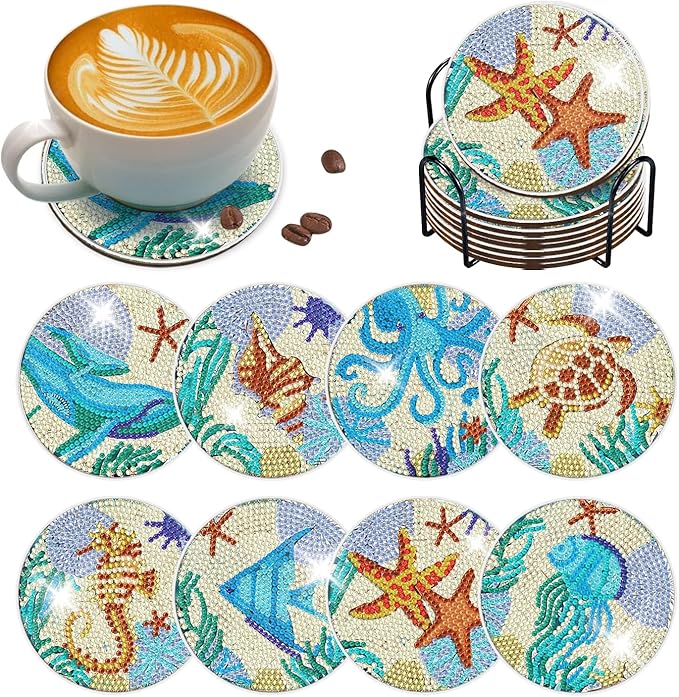 8 pcs Diamond Painting Coasters | Diamond Art Coasters | Ocean Animals Diamond Art Painting | Perfect Art Craft Gift for Ocean Animals Lover, Dad, Mom, Grandparents, Brother, Sister.