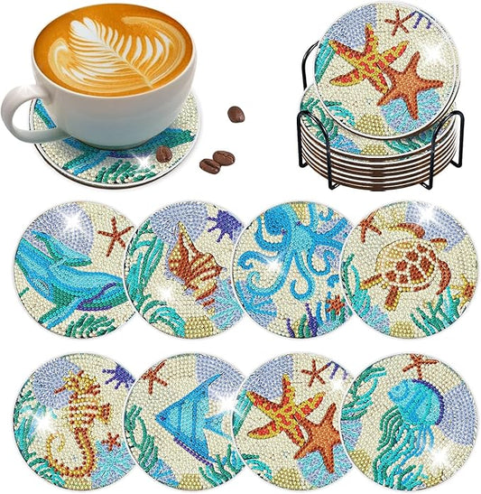 8 pcs Diamond Painting Coasters | Diamond Art Coasters | Ocean Animals Diamond Art Painting | Perfect Art Craft Gift for Ocean Animals Lover, Dad, Mom, Grandparents, Brother, Sister.