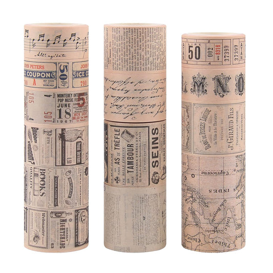 Dizdkizd Washi Tape Set, 12 Rolls Antique Masking Tape Washi Tape Map Newspaper Vintage Stickers Scrapbook Decorative Tape Bullet Journal Supplies Brown Junk Journal Supplies