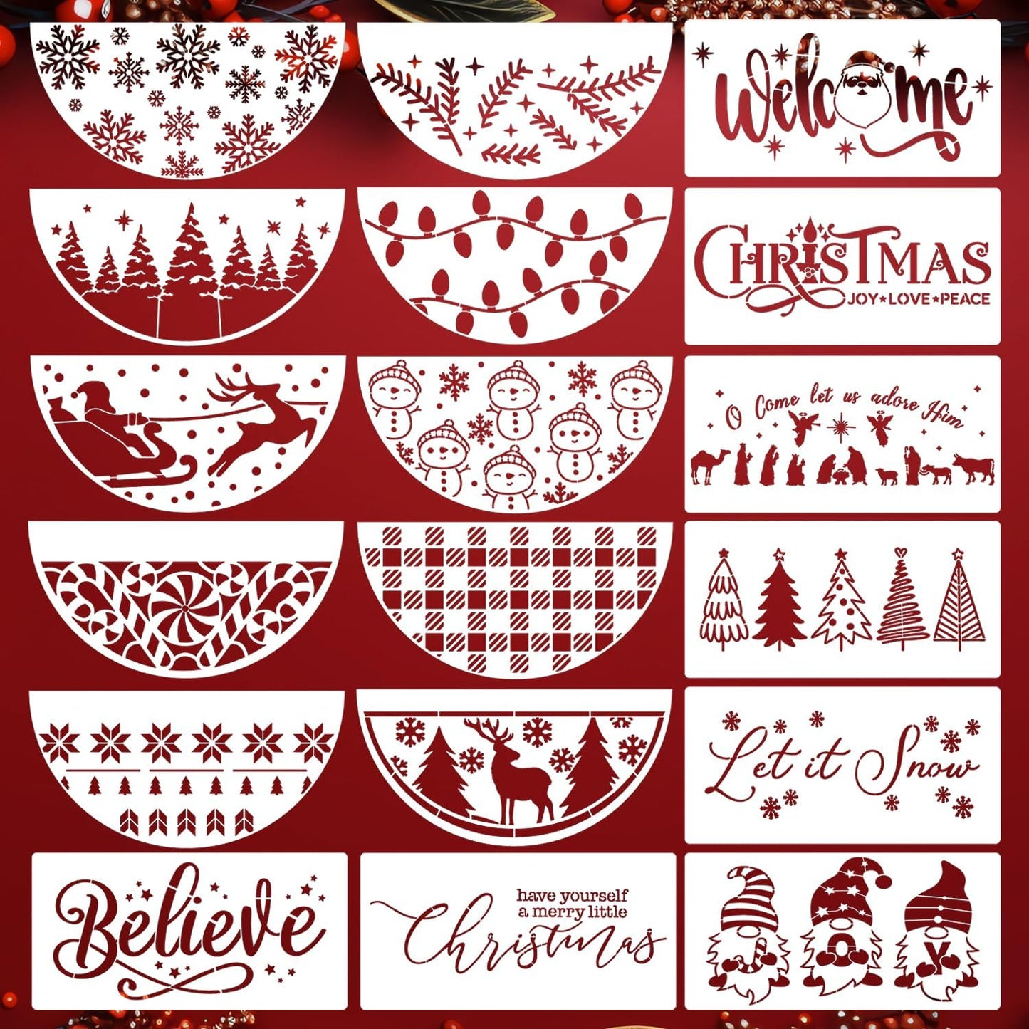 Christmas Stencils for Painting on Wood 12" Christmas Stencils for Crafts Reusable Xmas Holiday Stencil for Door Mats Round Hanger Fabrics Decor