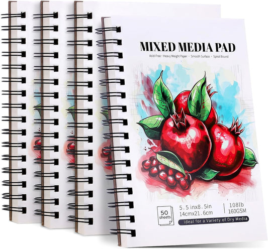 4 Pack Mixed Media Sketchbook, 5.5x8.5 inches Drawing Paper Sketch Book, 98lb/160gsm Heavyweight Spiral Bound Sketch Pads, Suitable for Wet and Dry Media, Drawing, Painting, Sketching(200 Sheets)