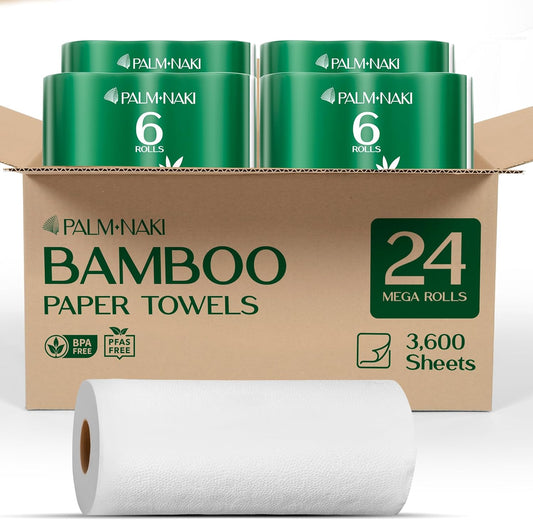 Bulk Case - 100% Bamboo Paper Towels | Lint-Free, Eco-Friendly, Tree-Free | 2-Ply Kitchen Paper Towel | FSC-Certified, BPA/PFAS-Free | 24 Rolls, 150 Sheets/Roll | PALM NAKI