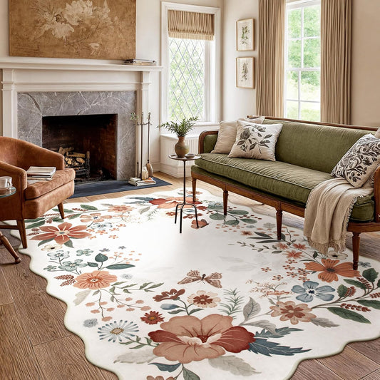 Beeiva Living Room Area Rug 6 x 9 - Scalloped Floral Printed Boho Flower Rugs for Bedroom Playroom Soft Non Slip Large Aesthetic Carpet for Nursery Dorm Office(Beige,6x9ft)