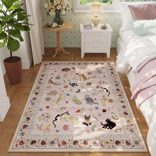 Rugcomf Bedroom Rug 3x5 Rug Washable Area Rug Non Slip Low Pile Boho Floral Animal Cat Small Carpet for Bedroom Bedside Kitchen Entryway Kids Room Office College Dorm Essentials for Girls, Pink