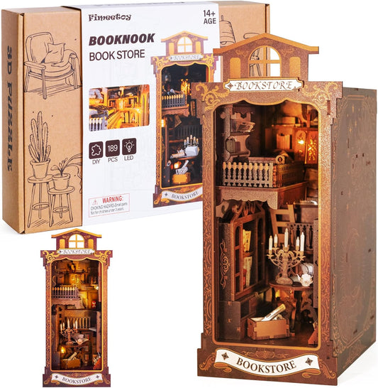 Book Nook Kits for Adults, Miniature House Dollhouse Kit for Teens, DIY Crafts for Adults, Bookshelf Decor Bookstore with LED Light, Gifts for Family and Friends