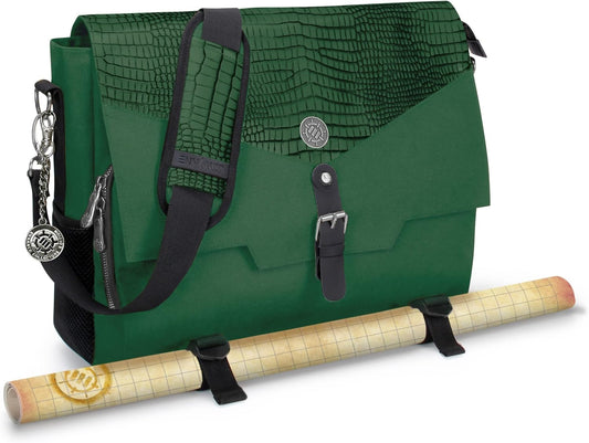 ENHANCE Collector's Edition RPG Player's Essentials DND Bag - Dragon Hide Exterior Messenger Bag Fits 2-4 Books, Binders, Dice & Accessories, with 17 inch Laptop Slot, Battlemap Straps (Dragon Green)