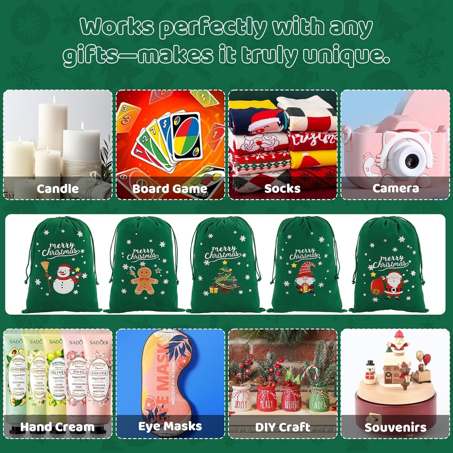 Tapleap Coth Christmas Bags with Drawstring - 50Pcs 7x10 Green Velvet for Small Bussiness Wrapping Christmas Party Favors or Gifts for Friends, Coworkers