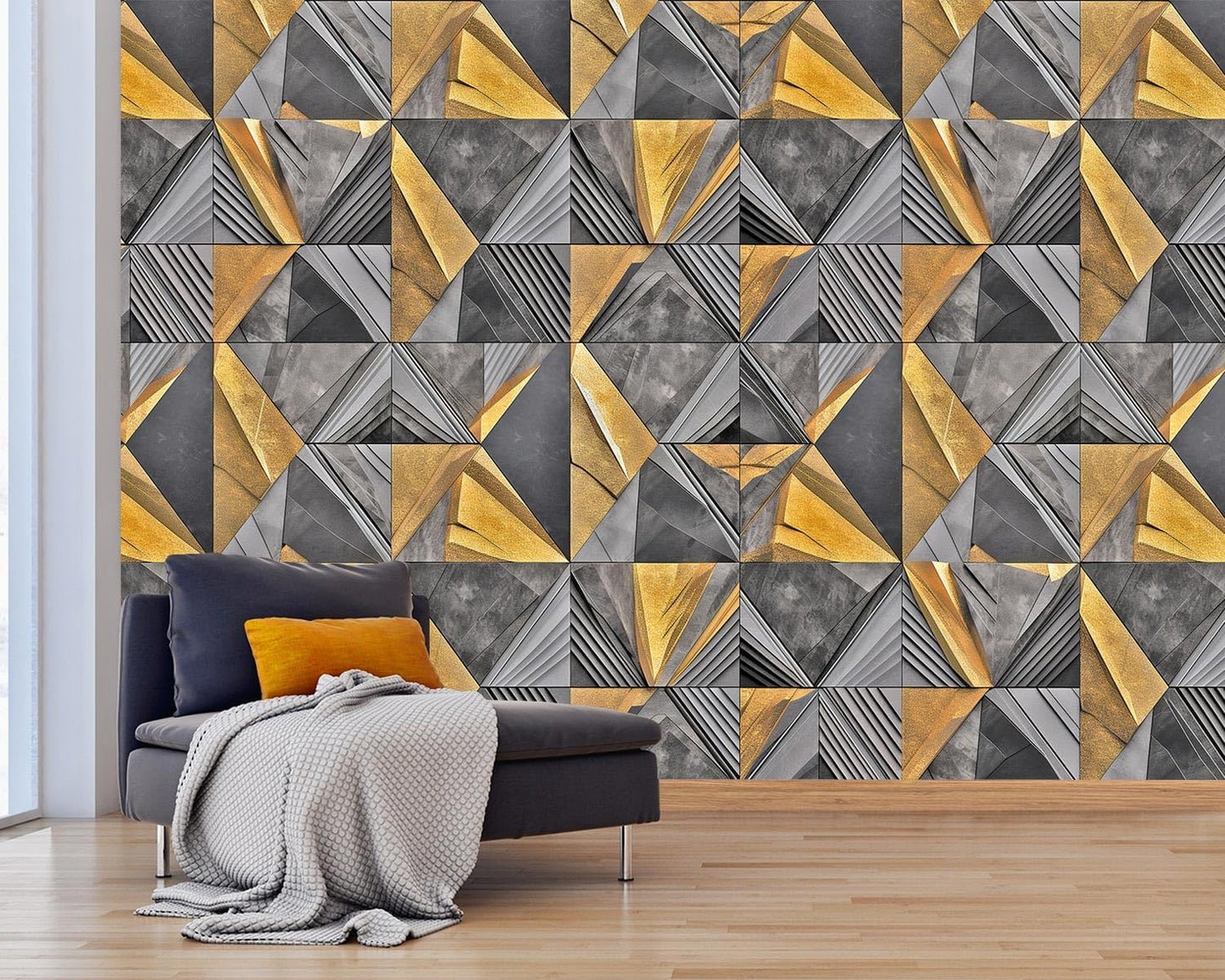 AFZEVEB-3D Geometric Wall Mural Gray and Gold Wallpaper for Bedroom 114"x74"(Not Peel and Stick)