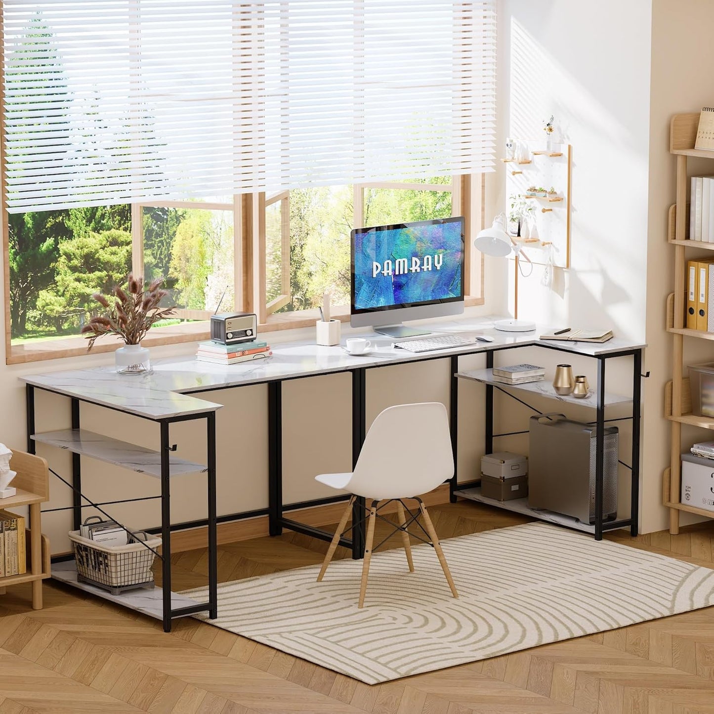 Pamray 43 Inch L Shaped Computer Desk with Reversible Side Storage Shelves, Small Corner Desk for Small Space Home Office,Writing Study Table PC Desk for Bedroom,White Marble