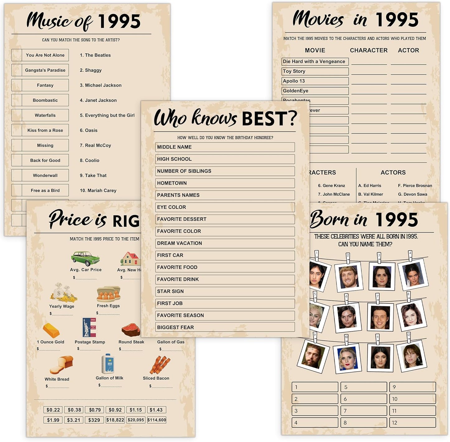 QUPT 30th Birthday Party Games, Set of 5 Activities for 10 Guests, Born in 1995 Games Bundle, Birthday Party Supplies for Adults, Pack of 50 Cards