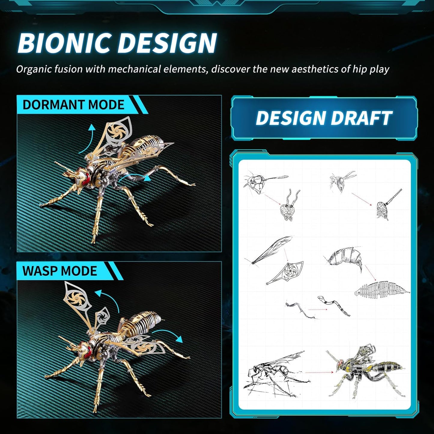 3D Puzzles for Adults, Metal Model Kit Wasp Mechanical Puzzle for Adults/Teens, DIY Creative Craft Gifts Kits Difficult Assembled 3D Puzzle for Family Time, Home Decor (Gold)