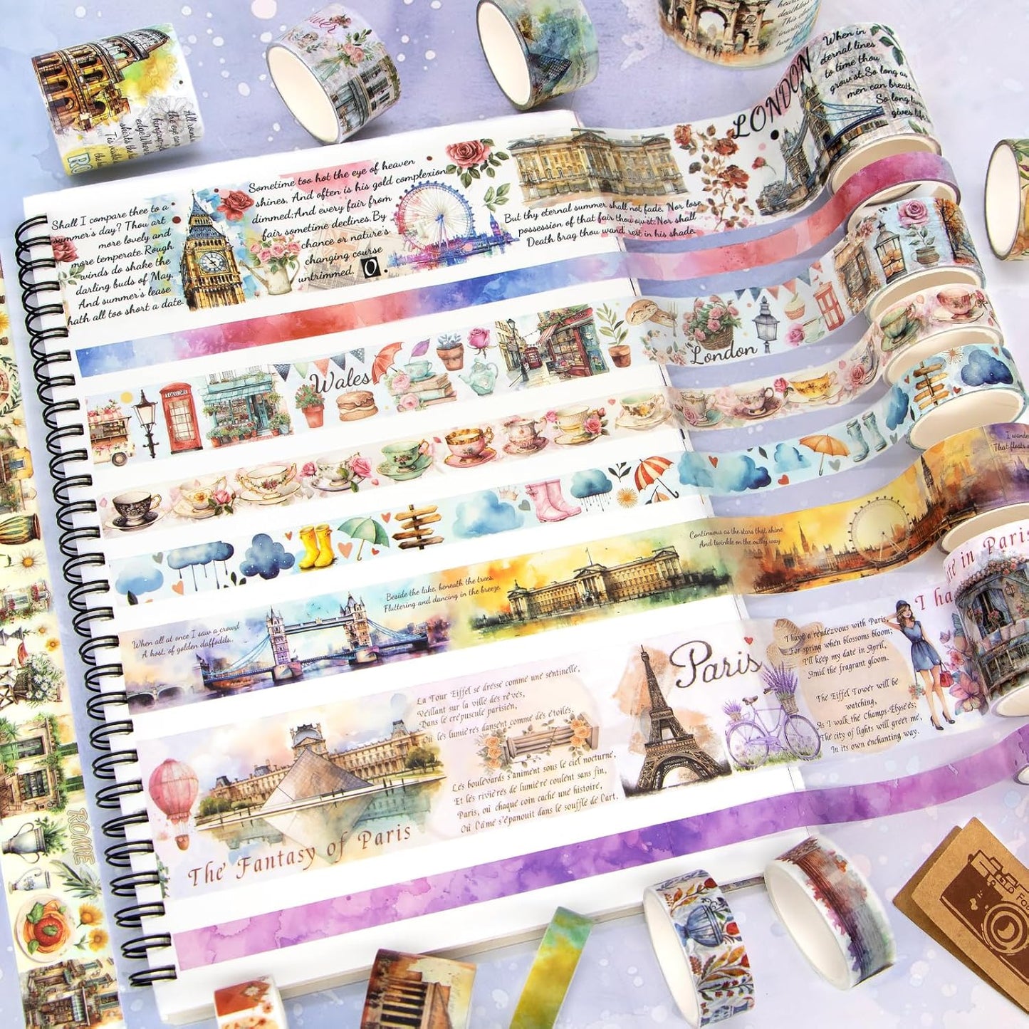 MPOPUUL Washi Tape Set 18 Rolls - European Tourism Decorative Adhesive Masking Tape for Journaling, Vintage Colored Tape for Junk Journaling Supplies, Scrapbooking Supplies, DIY Crafts, Planner