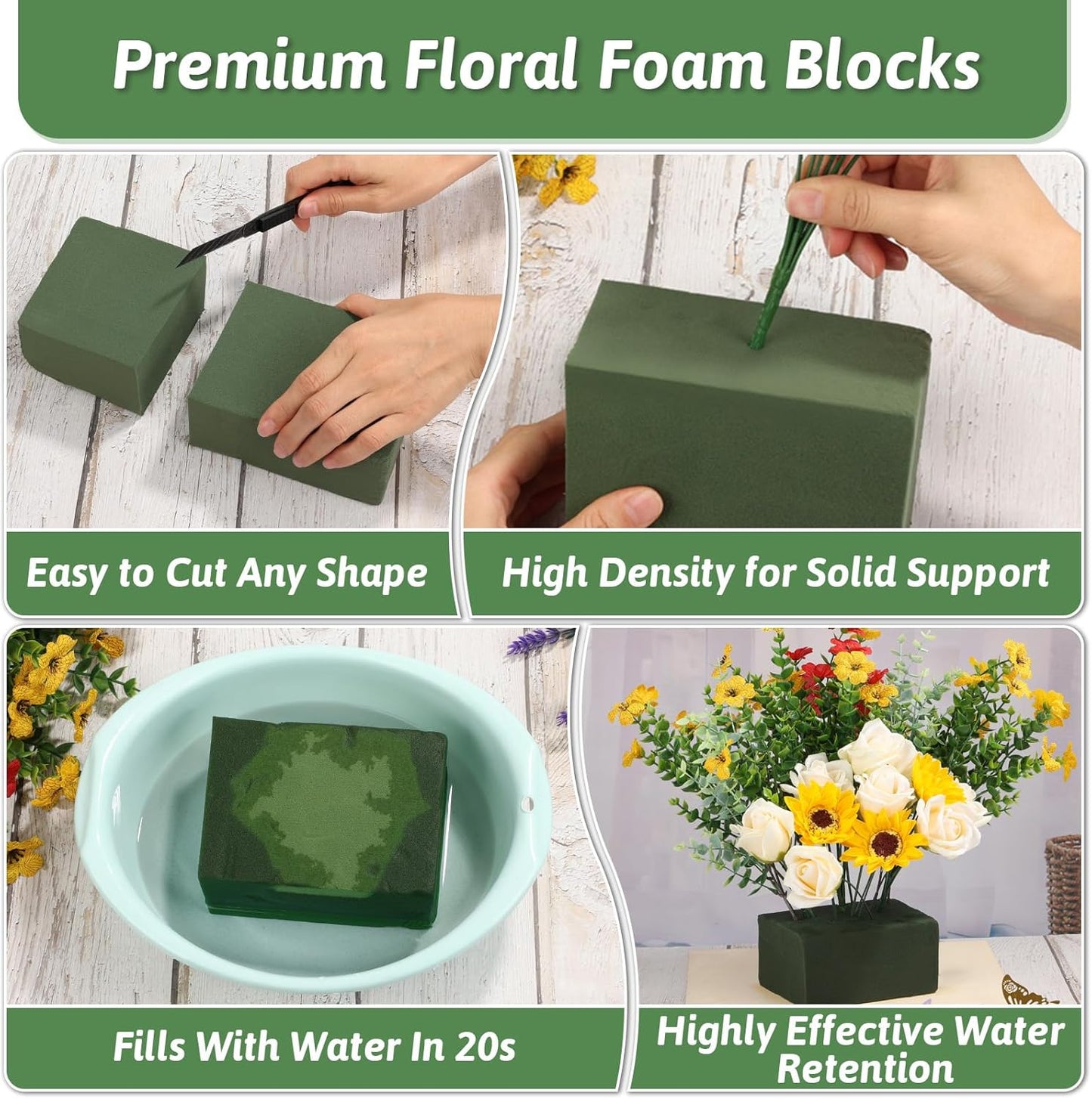 MAPVOLUT 6 Pack Green Floral Foam Blocks (9.1"x4.1"x2.8") + 2 Rolls Waterproof Floral Tape | Wet & Dry Flower Arrangement Foam for Fresh/Silk Flowers, DIY Crafts, Weddings, Centerpieces