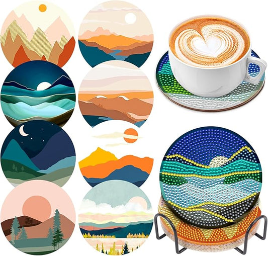 8 Pcs Diamond Art Coasters Kits for Adults with Holder Cork Pads, DIY ﻿Abstract Landscape Diamond Art Dots Painting Coasters Kits for Adults Beginners, Ideal Gift