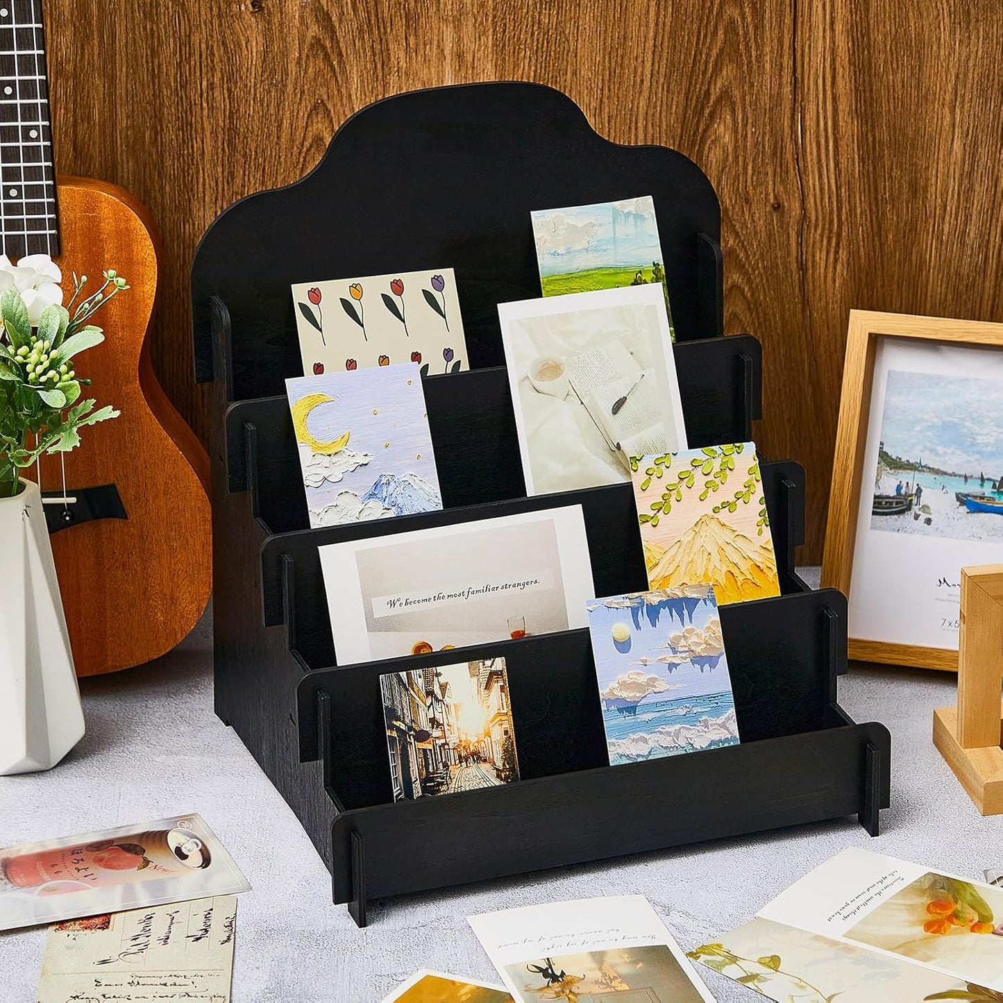 Barydat 2 Pcs 4 Tier Greeting Card Display Stand Wooden Sticker Display Stand Portable Card Display Rack for Vendors Retail Counter Table Display Trade Shows Showcase (Black,11.8 Inch)