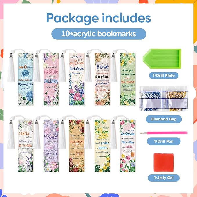 8 Pieces Christian Bible Verse Diamond Art Bookmarks 5d Christian Beaded Bookmark Acrylic Tassel Bookmark for DIY Making Beginners Kids Adults Arts Craft Supplies (Spanish)