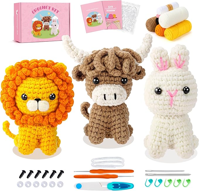 Fortuning's JDS Crochet Kit for Beginners, Amigurumi Crochet Animal Kits, Crocheting Kit for Starters Adult Kids with Step-by-Step Video Tutorials, Animal Kits with Highland Cow, Lion, Bunny