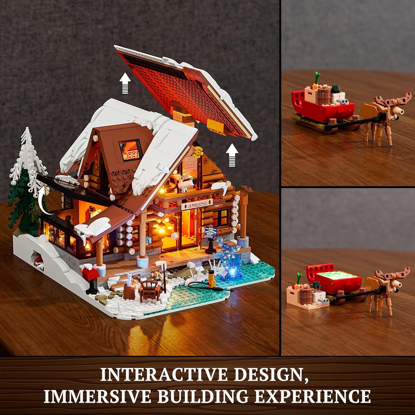 Aurora-Cabin Christmas Lighting-Building-Bricks Set - 2425 Pcs Retro House Winter Lodge LED Light Construction Building Christmas Village Model Set for Adults and Families