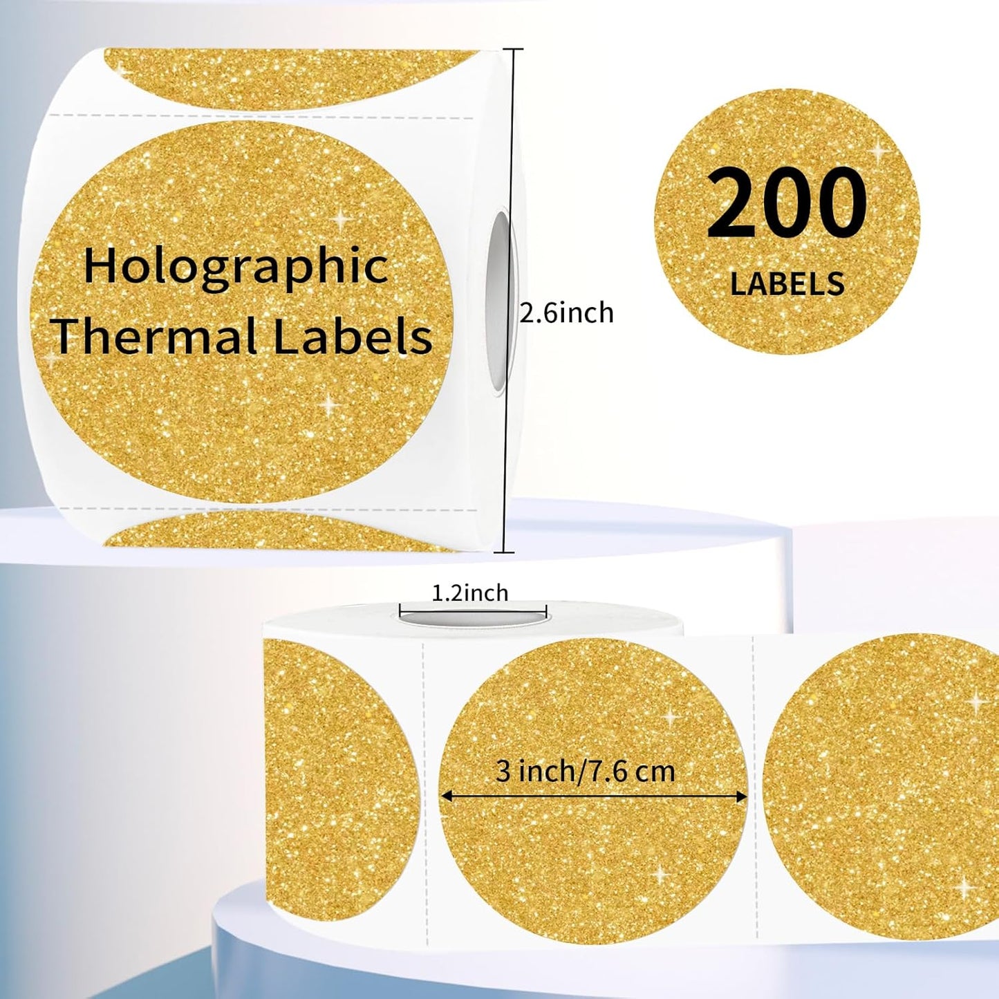 3" Holographic Direct Thermal Label Stickers, Round Printable Rainbow Glitter Thermal Printer Sticker Labels for Gift Wrapping, Self-Adhesive DIY Custom Logo Design- Shiny Gold