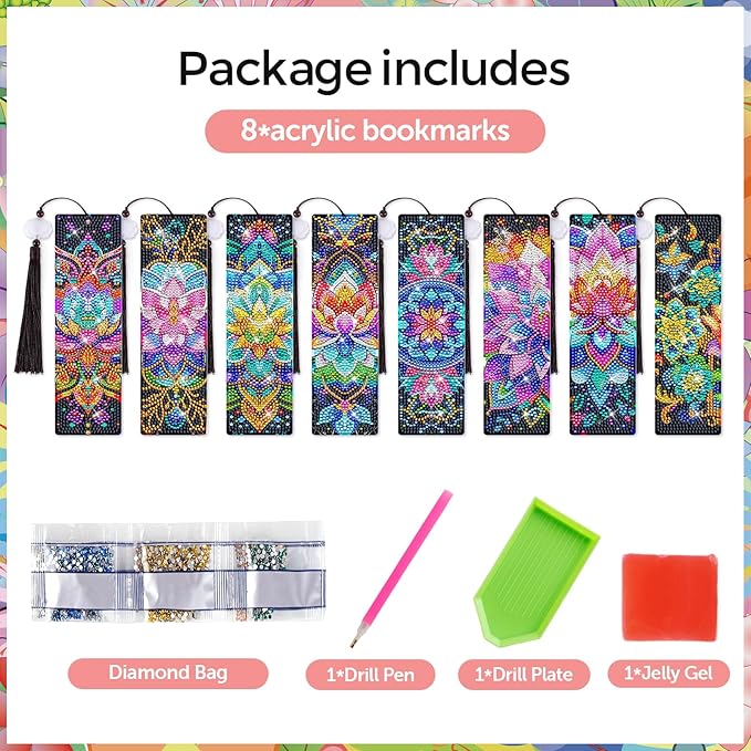 8 PiecesMandala Diamond Art Bookmarks 5d Mandala Beaded Bookmark Acrylic Tassel Bookmark for DIY Making Beginners Kids Adults Arts Craft Supplies (Mandala)