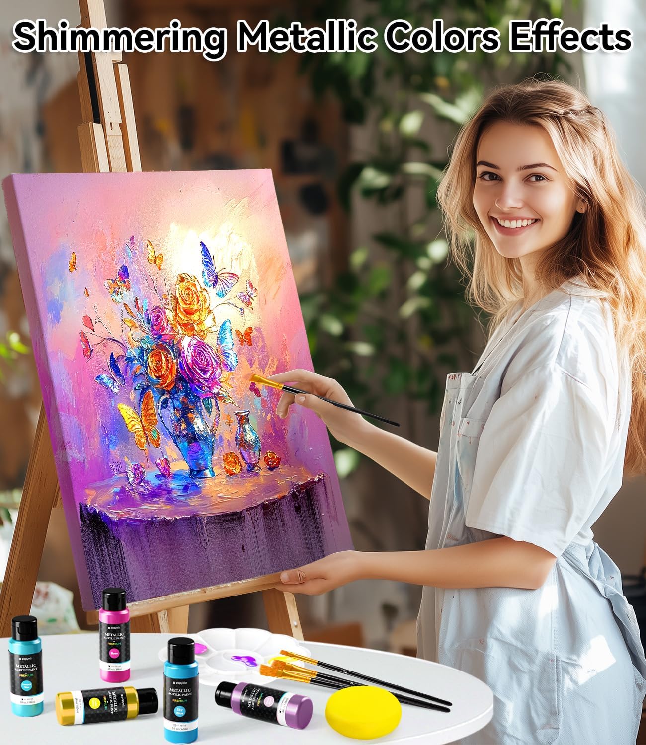 64 PCS Metallic Acrylic Paint Set with 12 Brushes, 2 Knives & Palette, 48 Colors (2oz/60ml) Art Craft Paint for Adults Kids Artists Beginners, Halloween Pumpkin Canvas Ceramic Rock Painting Kit