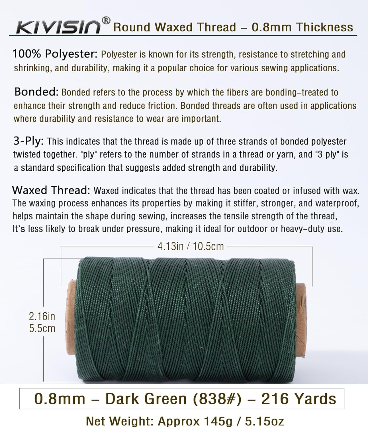 Heavy Duty Round Waxed Thread 0.8mm, 218 Yards, Dark Green, Bonded Thick Polyester Wax Coated Cord for Leather Sewing, Upholstery, Whipping Twine, Basket Weaving and Macrame Making