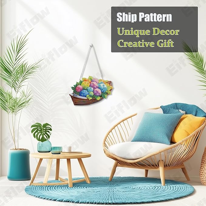 Eiflow Acrylic Diamond Art Hanging Ornament Kit for Adults Hydrangea Flower, DIY Diamonds Painting Door Hanger Board Kit, Special Crystal Diamond Art Painting Pendant