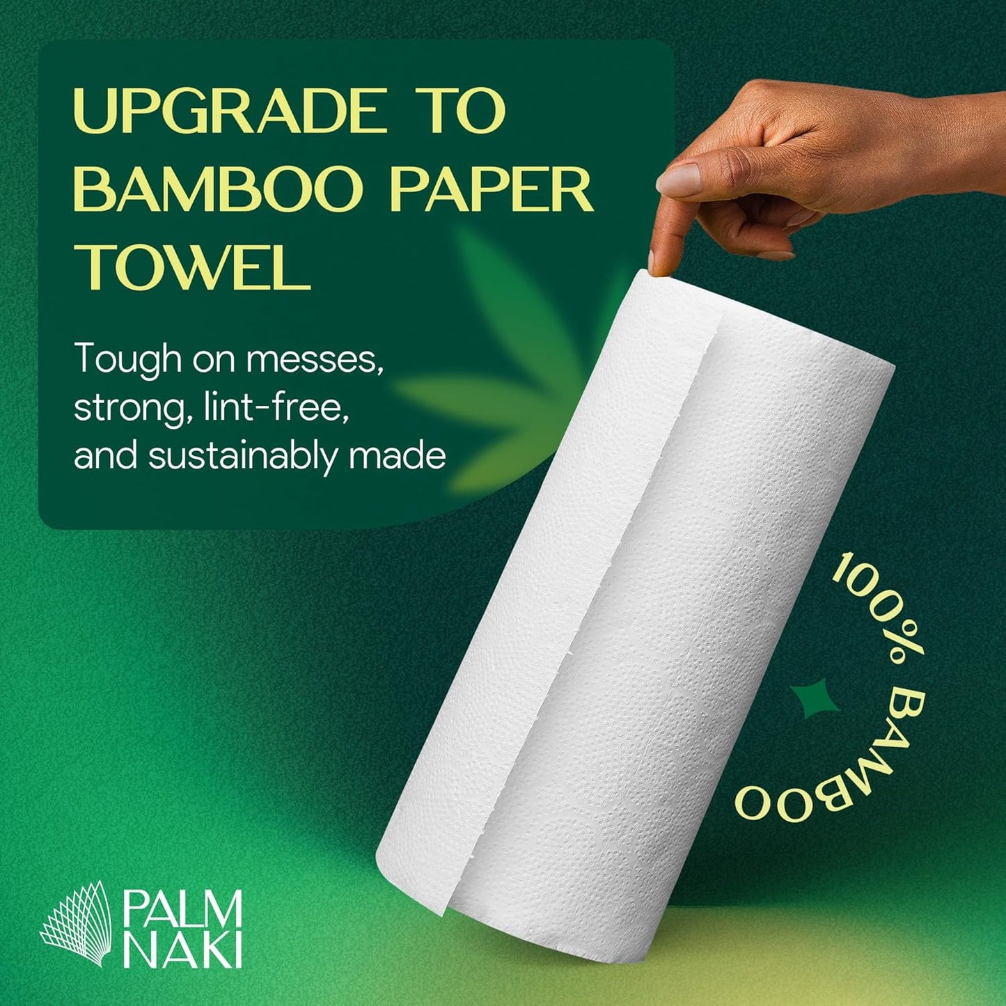 100% Bamboo Paper Towels | Lint-Free, Eco-Friendly, Tree-Free | 2-Ply Kitchen Paper Towel | Food Grade – FSC-Certified, BPA/PFAS-Free | 6 Mega Rolls – 150 Sheets/Roll | PALM NAKI