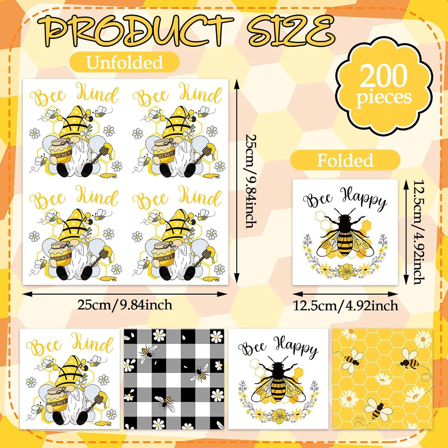 Fulmoon 200 Pieces Summer Bee Cocktail Napkins Disposable Decorative Decoupage Beverage Paper Napkins Bulk Dessert Towel for Summer Tea Party Dinner