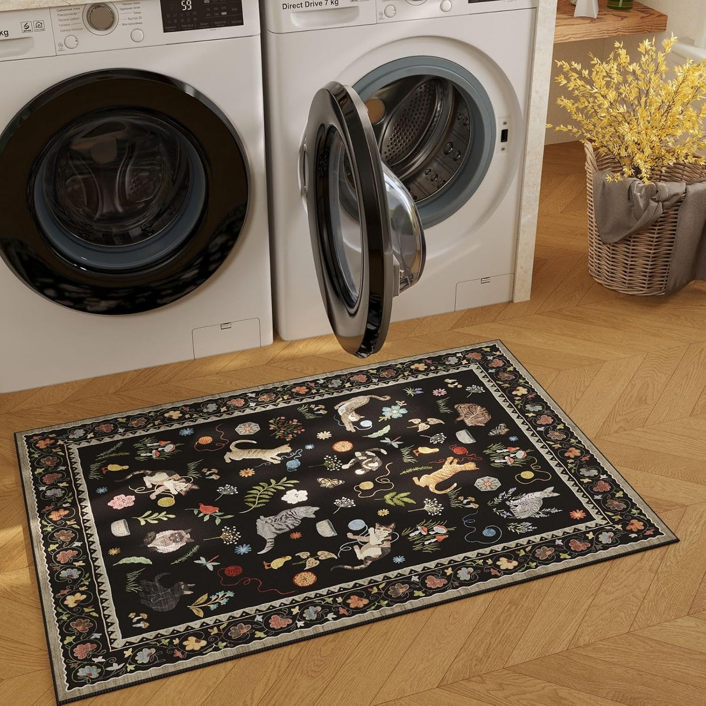 Rugcomf Door Mat Indoor Entrance 2x3 Rug Machine Washable Boho Floral Animal Cat Small Area Rug Non-Slip Low Pile Throw Rugs for Entryway Kitchen Front Door Indoor Entrance Entry Kids Room, Black
