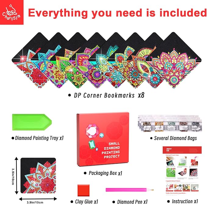 8 PCs Christmas Diamond Art Corner Bookmarks Leather Dimond Painting Book Mark Kit for Adults Paint by Dots Bookmarkers Craft DIY Gem Small Dotz Gifts for Women Mandala Flower Black Lotus