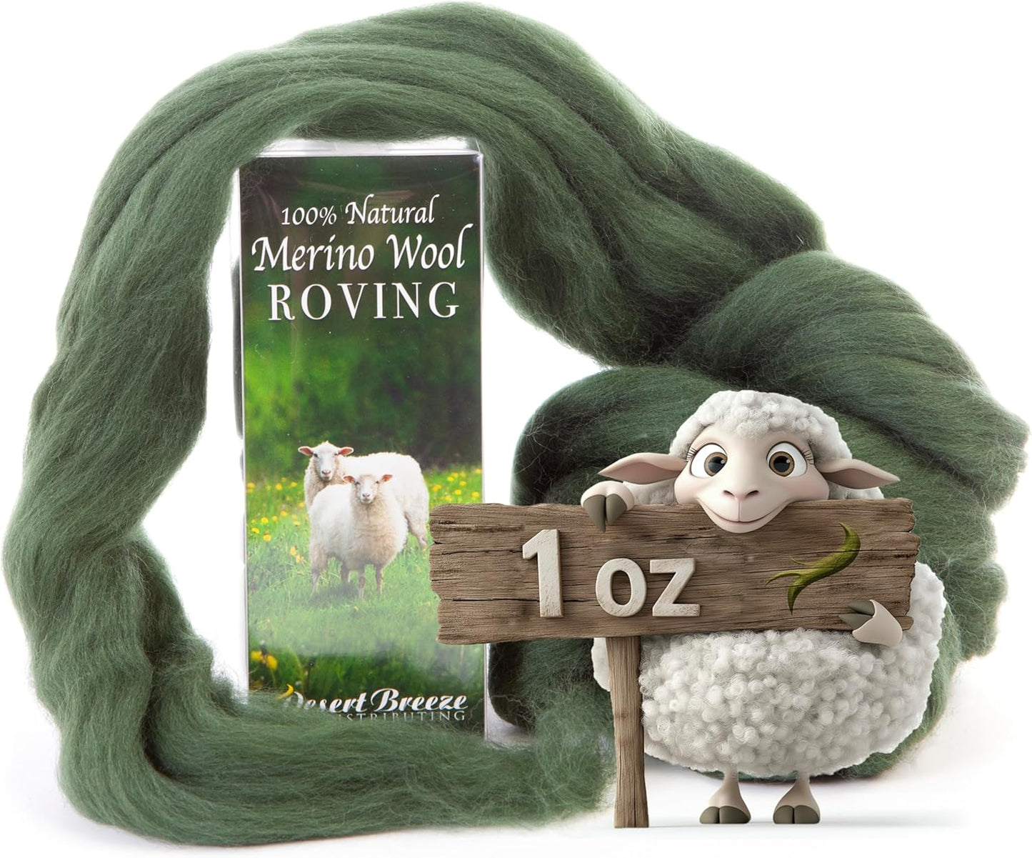 Desert Breeze Distributing 100% Natural Merino Wool Roving - Premium Combed Top Merino Roving Wool - Tapestry, Spinning, Wet Felting & Needle Felting Supplies - 21.5 Micron - 1 oz, Color Bottle Green