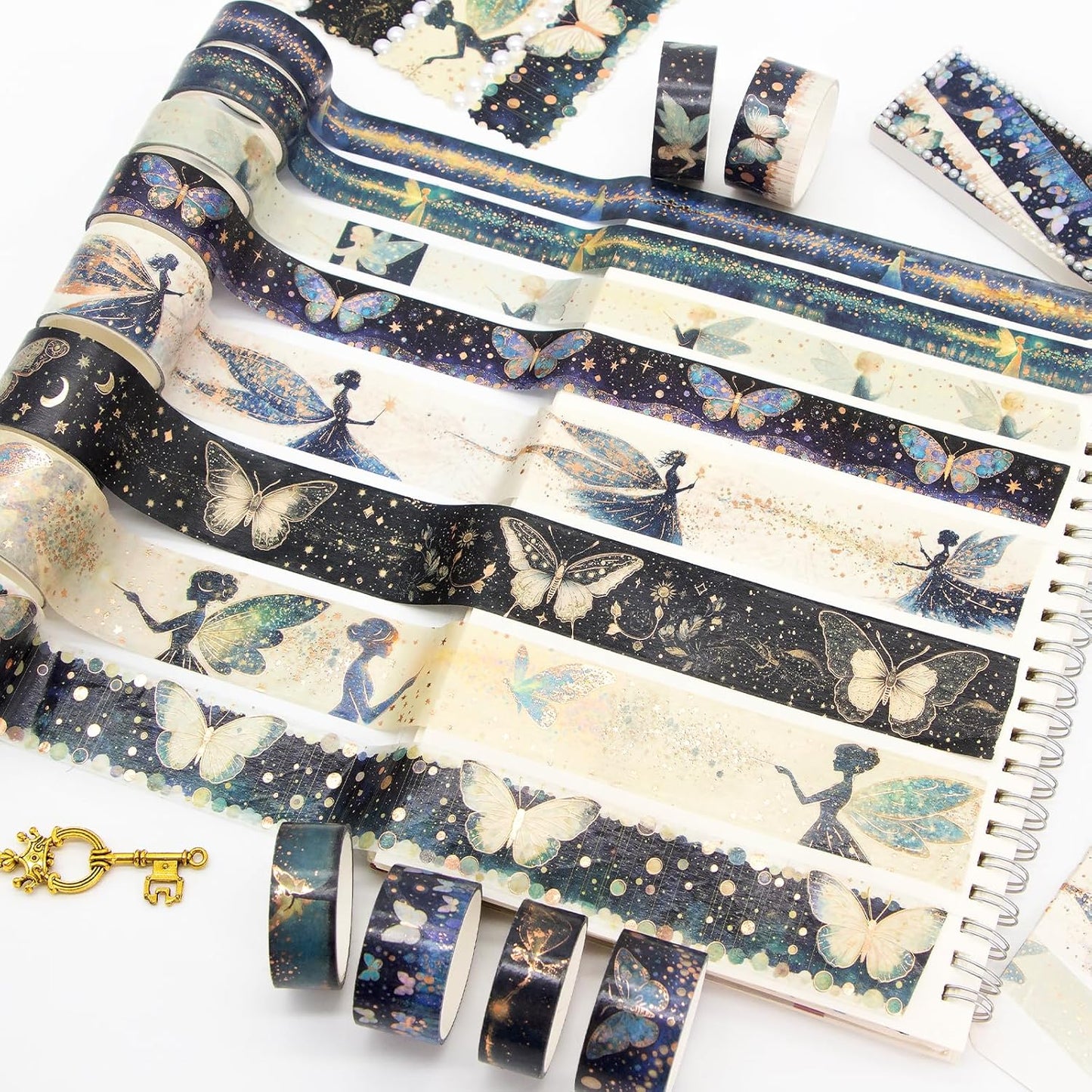 14 Rolls Washi Tape Set - Gold Foil Green Fairy Decorative Masking Tape Butterfly, Fairy, Star, Magic, Adhesive Tape for Bullet Journal,DIY Craft,Scrapbooking Supplies,Gift Wrapping