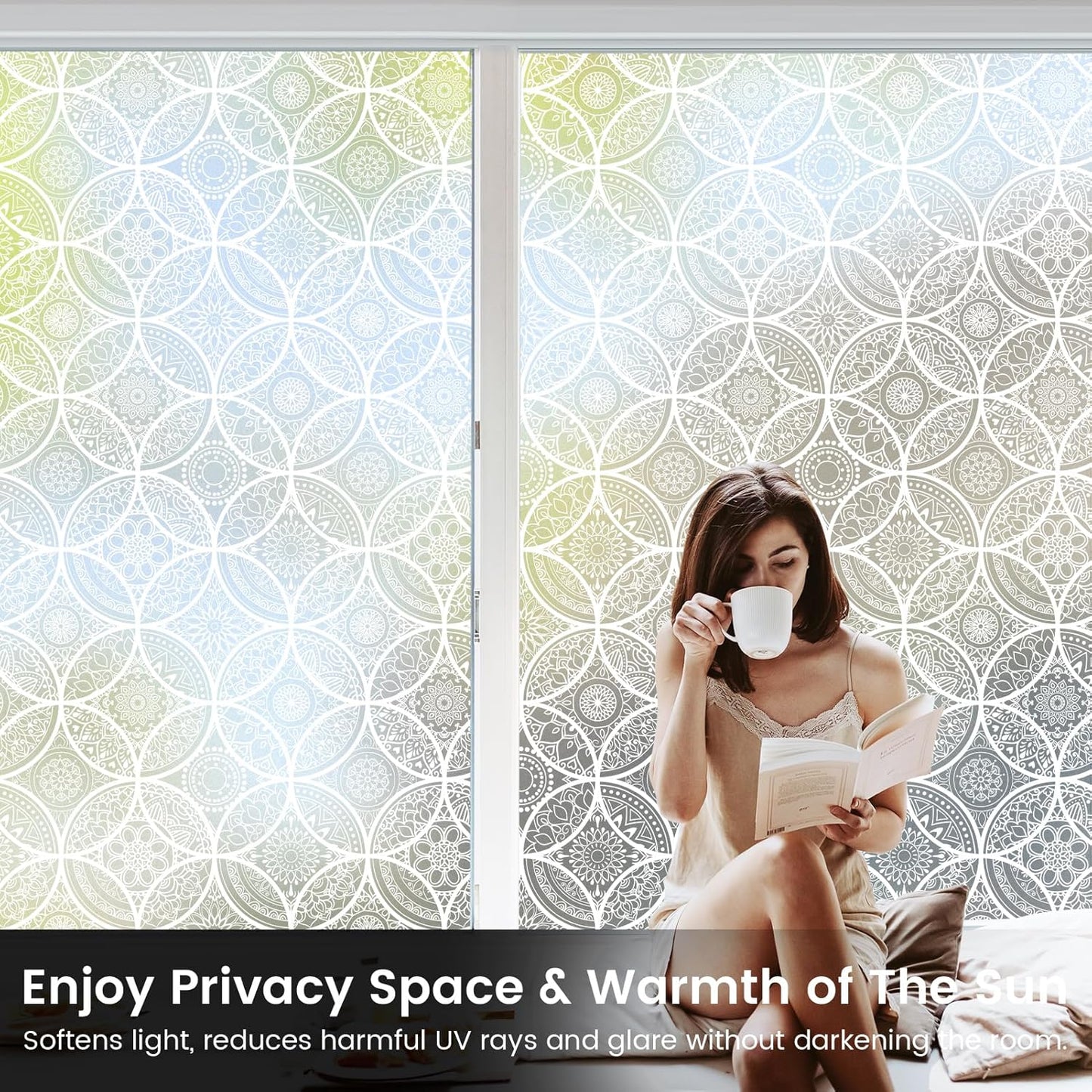 DKTIE Bohemian Decor Stained Glass Window Film with Installation Tools, Two-Way Window Privacy Film, Reduce Glare, Pure White, 35.4 x 118.1 Inch